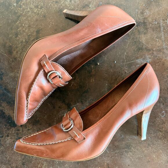 Franco Sarto Heels Leather Loafer Pumps Pointed Toe Buckle Cognac Tan Womens 10 - Picture 1 of 9